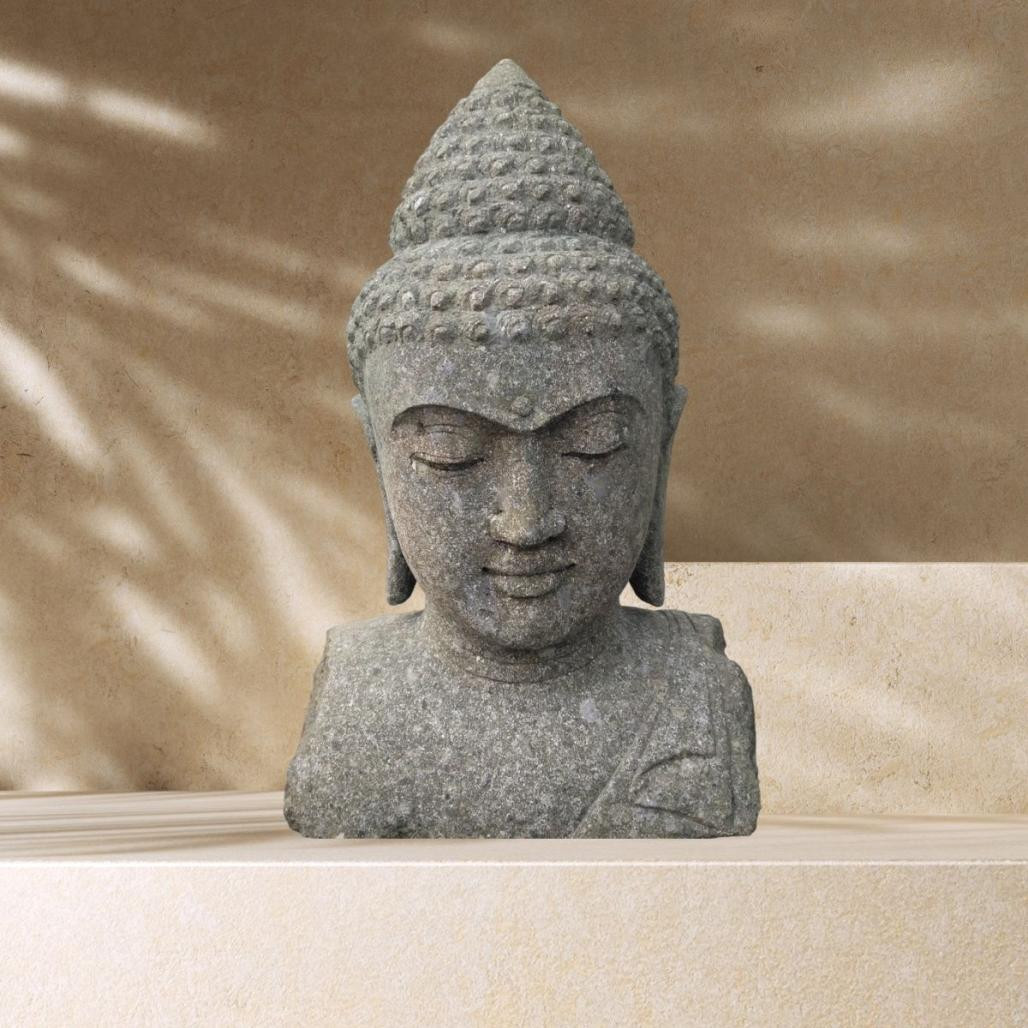 Statue extérieur zen buste de bouddha en pierre volcanique 70 cm