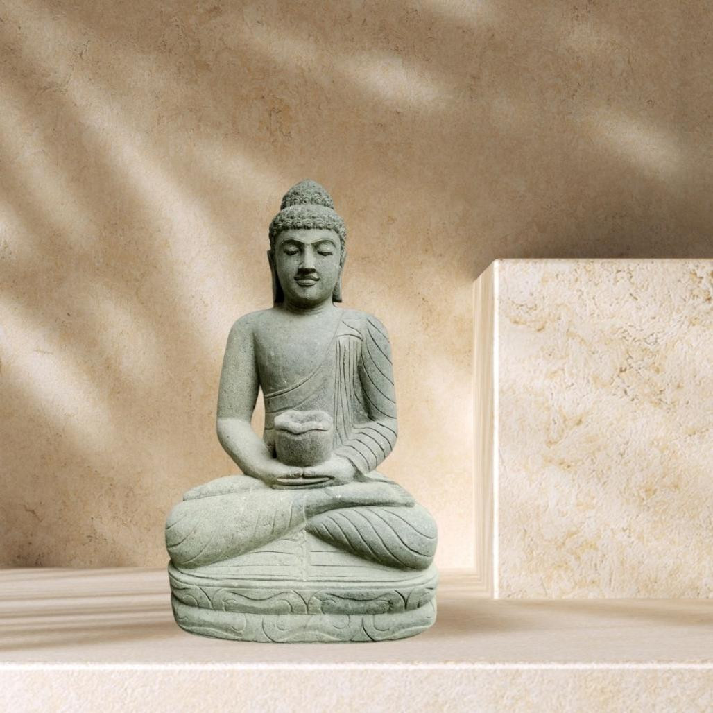 Statue de jardin bouddha en pierre position offrande 80 cm