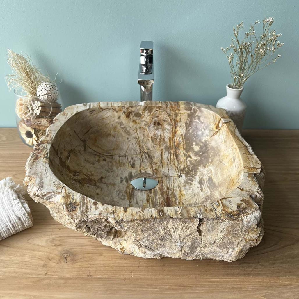 Vasque de salle de bain à poser en bois pétrifié fossilisé 50 cm