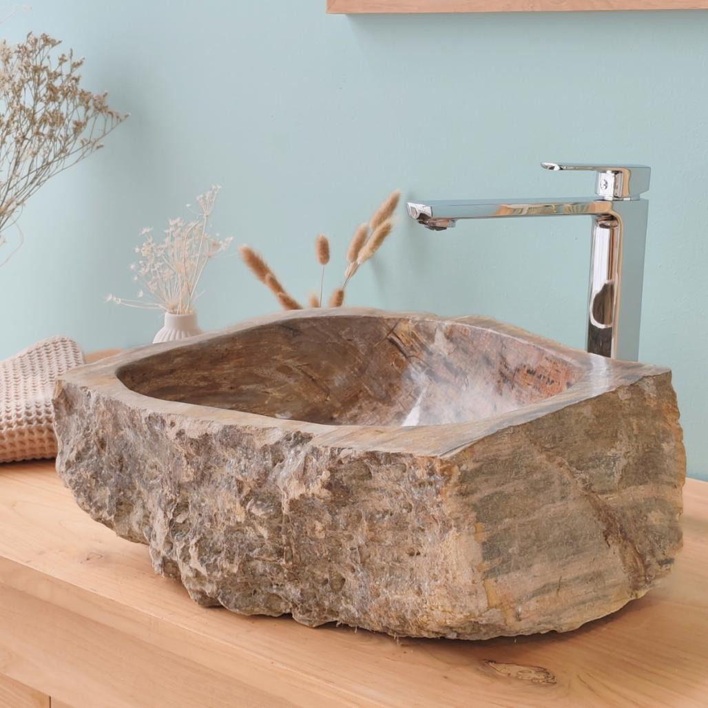 Vasque de salle de bain à poser en bois pétrifié fossilisé 41 cm