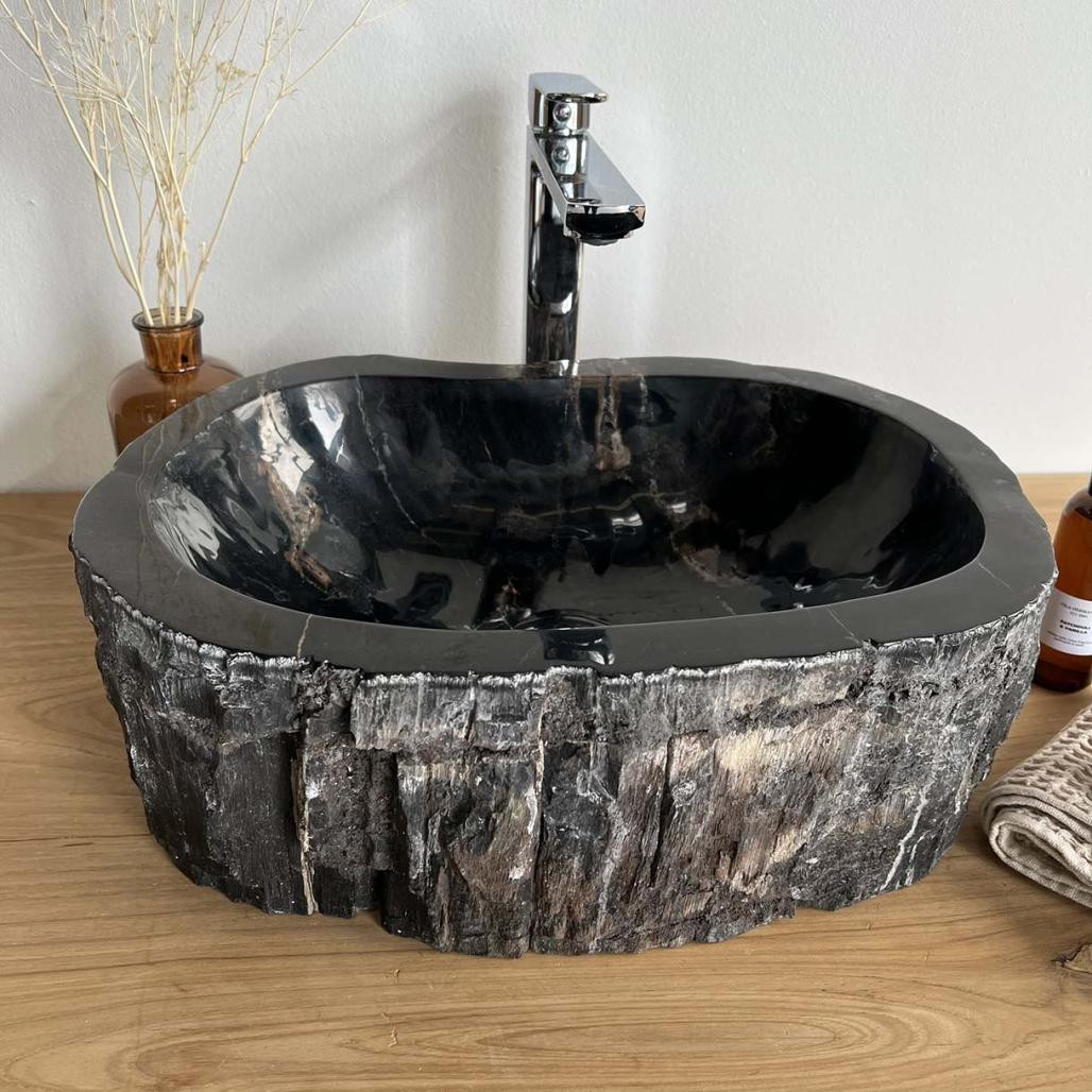 Vasque de salle de bain à poser en bois pétrifié fossilisé 45 cm