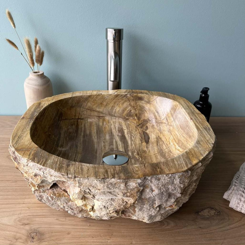 Vasque de salle de bain à poser en bois pétrifié fossilisé intérieur brun 45 cm