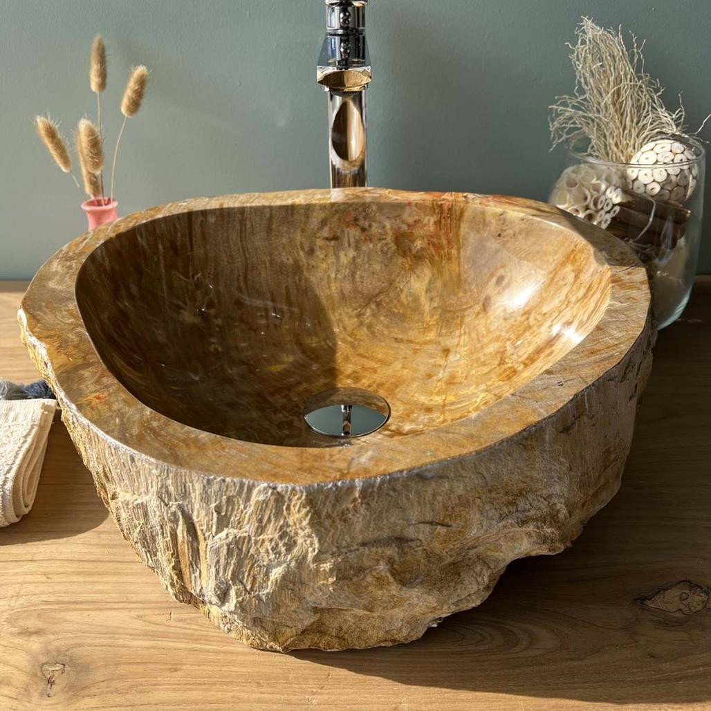 Vasque de salle de bain à poser en bois pétrifié fossilisé intérieur marron 40 cm