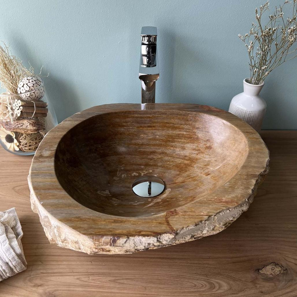 Lavabo de salle de bain en bois pétrifié fossilisé beige 44 cm