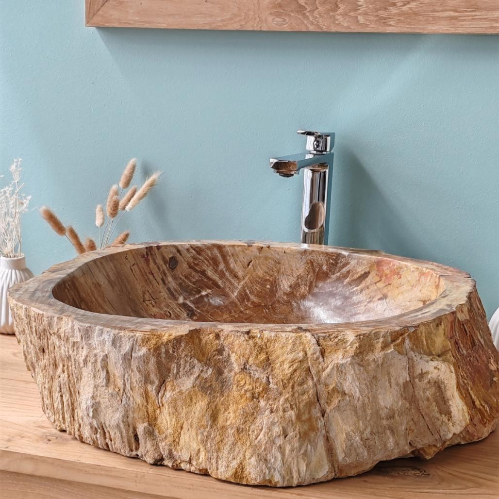 Vasque salle de bain en bois pétrifié fossilisé brun 45 cm