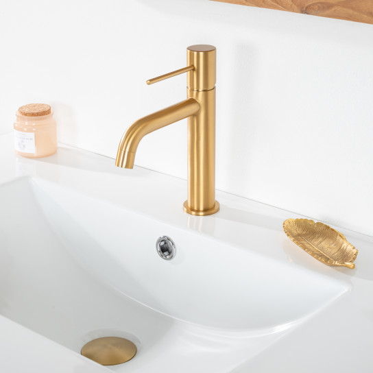Robinet de salle de bain doré brossé à trou unique, robinet de lavabo à  levier unique en laiton avec tuyau d'alimentation, robinet mitigeur de  lavabo doré
