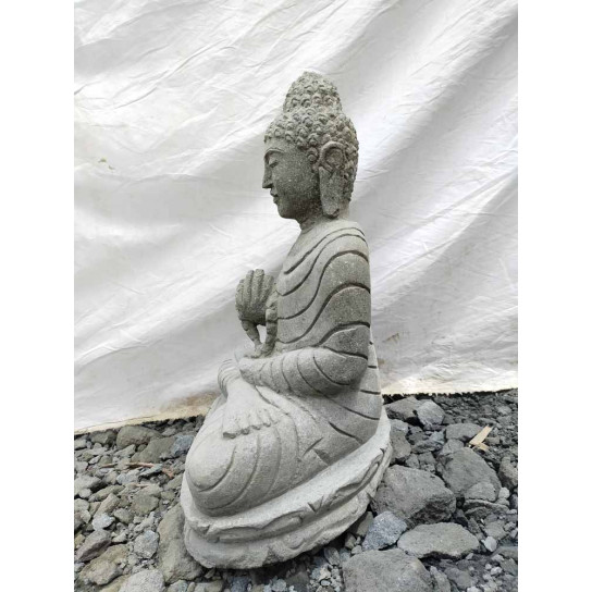 Statue de jardin bouddha assis en pierre chapelet et sérénité 50 cm