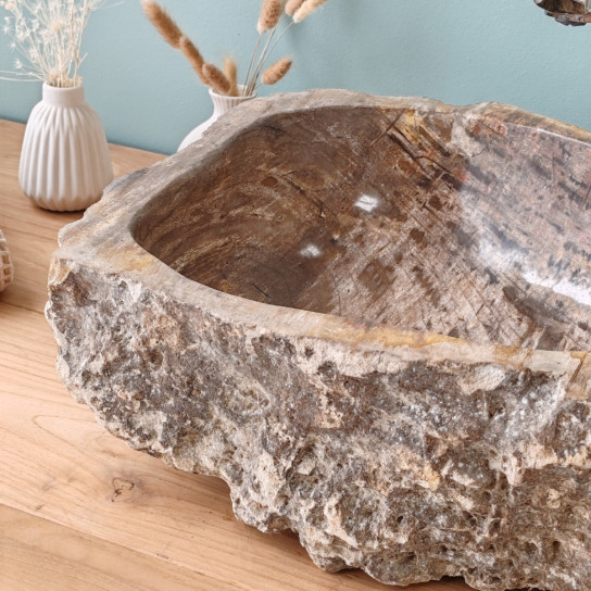 Vasque de salle de bain à poser en bois pétrifié fossilisé 41 cm