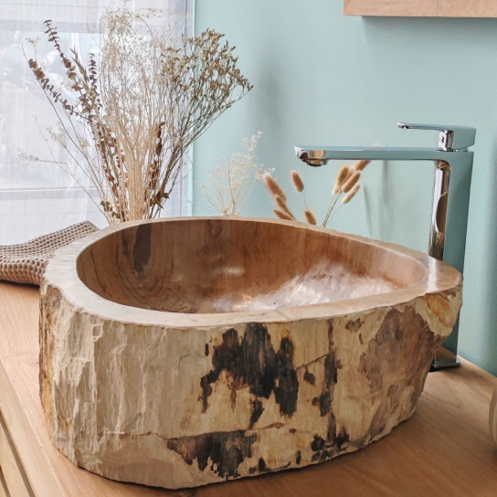 Vasque de salle de bain à poser en bois pétrifié fossilisé marron