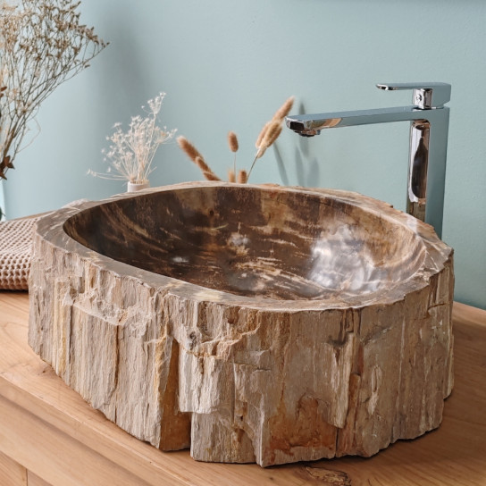 Vasque de salle de bain en pierre bois pétrifié fossilisé 40 cm
