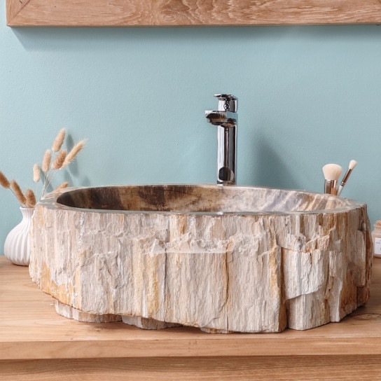 Vasque de salle de bain en pierre bois pétrifié fossilisé 40 cm
