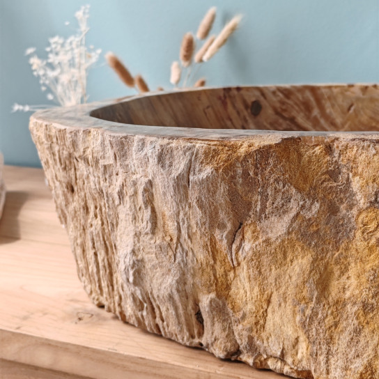 Vasque salle de bain en bois pétrifié fossilisé brun 45 cm