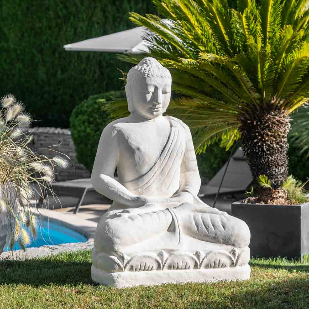 Statue jardin Bouddha assis en fibre de verre position offrande