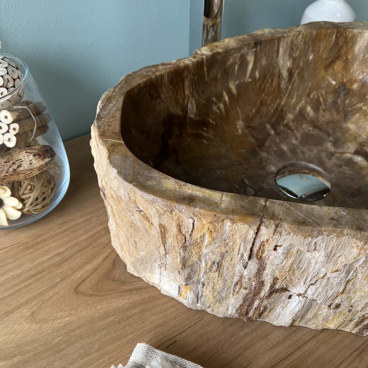 Lavabo de salle de bain en bois pétrifié fossilisé marron beige noir 40 CM