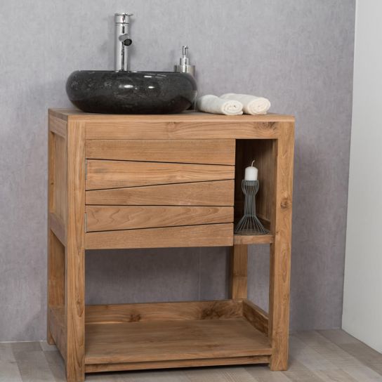 Meuble de salle de bain : meuble sous vasque (simple vasque) de salle de bain en bois exotique massif de la ligne Cosy, rectangle, naturel, L : 67 cm